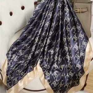 Luxury Satin Patterned Scarf in Navy and Beige